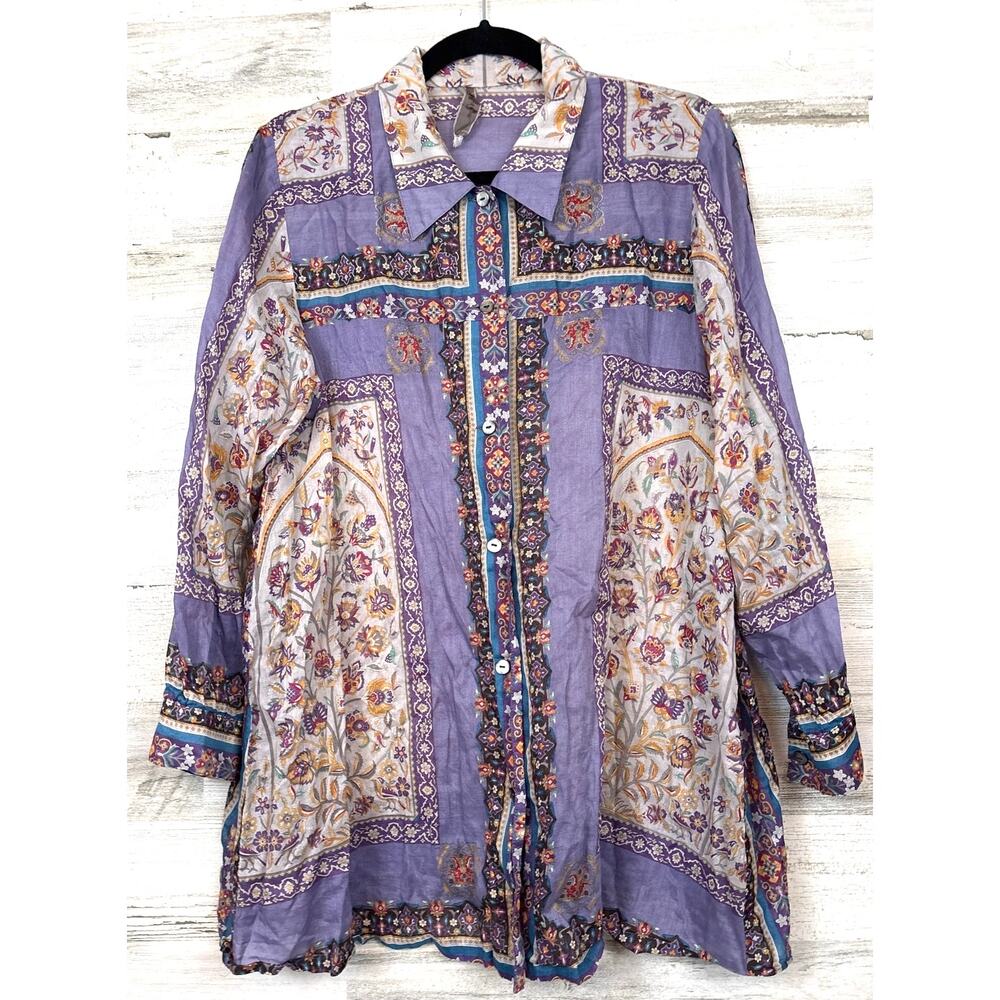 Art Jim Womens M Purple Multi Floral 100% Cotton Lightweight Blouse Boho Chic
